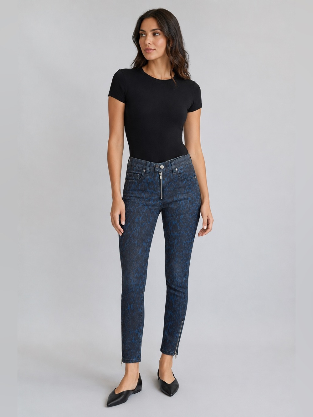 Ramy Brook Kate Blue Black Leopard Skinny Jeans Exposed Zip Ankle Zippers